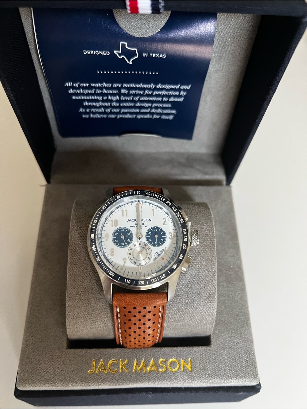 Men’s Jack Mason White/Blue Dial Chronograph Watch with Brown Leather Strap